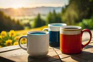 dois café canecas em uma de madeira mesa com uma Visão do a montanhas. gerado por IA foto