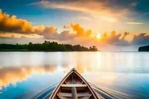 a barco é em a calma água às pôr do sol. gerado por IA foto