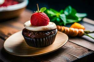 uma Bolinho com uma morango em topo. gerado por IA foto