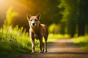 uma cachorro caminhando baixa uma estrada dentro a Sol. gerado por IA foto