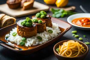 uma prato com arroz, carne e legumes. gerado por IA foto