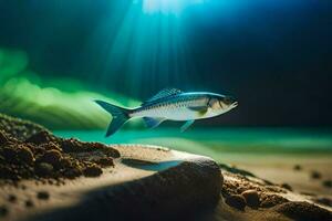 uma peixe natação dentro a oceano com luz solar brilhando em isto. gerado por IA foto