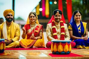 uma casal e seus amigos dentro tradicional indiano traje. gerado por IA foto