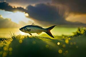 uma peixe é em pé em a Relva dentro frente do uma pôr do sol. gerado por IA foto