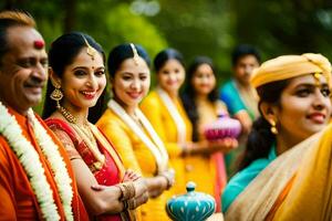 indiano mulheres dentro tradicional vestuário com seus crianças. gerado por IA foto