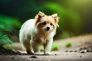 uma pequeno cachorro caminhando em uma sujeira estrada. gerado por IA foto