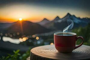 uma copo do café em uma montanha topo. gerado por IA foto