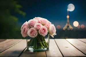 Rosa rosas dentro uma vaso em uma mesa com uma Visão do a eiffel torre. gerado por IA foto