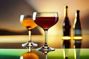 dois óculos do vinho em uma mesa. gerado por IA foto