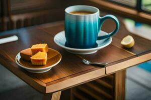 uma copo do café e uma prato do biscoitos em uma mesa. gerado por IA foto