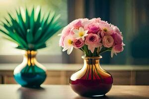 dois vasos com Rosa flores sentado em uma mesa. gerado por IA foto