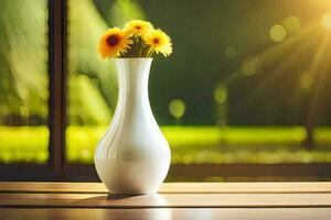 luz solar brilhando através uma janela dentro uma vaso. gerado por IA foto