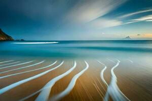 uma grandes exposição fotografia do ondas em a de praia. gerado por IA foto