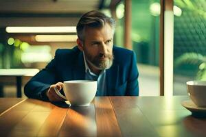 uma homem com uma barba sentado às uma mesa com dois copos. gerado por IA foto