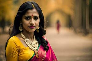uma mulher dentro uma Rosa sari com ouro joia. gerado por IA foto