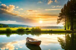 uma barco é flutuando em a água às pôr do sol. gerado por IA foto