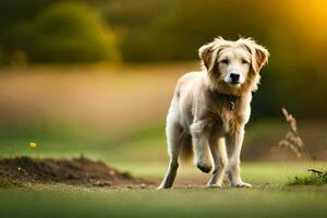 uma dourado retriever cachorro caminhando em uma campo. gerado por IA foto