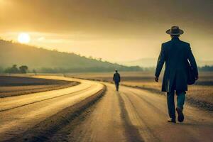 uma homem dentro uma terno e chapéu anda em baixa uma estrada. gerado por IA foto