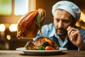 uma chefe de cozinha é segurando uma assado frango em uma placa. gerado por IA foto