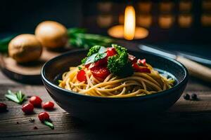 espaguete com tomate e manjericão em uma de madeira mesa. gerado por IA foto