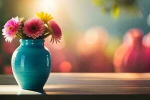 uma azul vaso com Rosa flores em uma mesa. gerado por IA foto