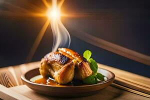 uma prato do frango em uma de madeira prato com uma luz brilhando a partir de a topo. gerado por IA foto