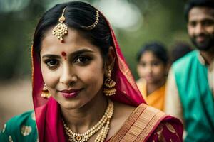 uma mulher dentro tradicional indiano traje. gerado por IA foto