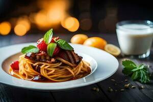 espaguete com bacon e tomates em uma placa. gerado por IA foto