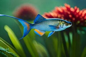 uma azul e laranja peixe é natação dentro a água. gerado por IA foto
