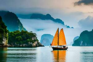 uma barco velas dentro a água perto montanhas. gerado por IA foto