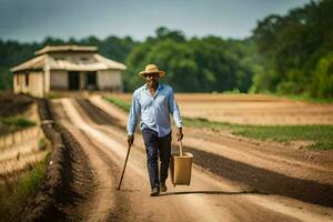 uma homem caminhando baixa uma sujeira estrada com uma balde e caminhando grudar. gerado por IA foto