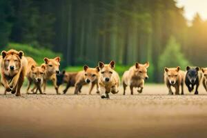 uma grupo do cachorros corrida dentro a floresta. gerado por IA foto