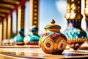 colorida vasos em uma mesa dentro frente do ornamentado pilares. gerado por IA foto