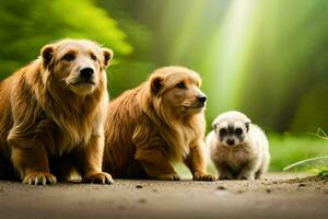 três cachorros sentado em a terra dentro frente do uma verde fundo. gerado por IA foto