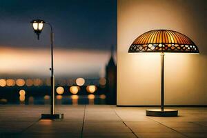dois lâmpadas estão sentado em uma chão dentro frente do uma cidade. gerado por IA foto