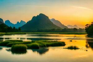 a Sol sobe sobre a montanhas dentro China. gerado por IA foto