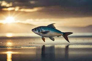 uma peixe é pulando em a de praia às pôr do sol. gerado por IA foto