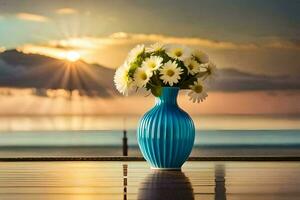 uma azul vaso com flores em uma mesa dentro frente do a oceano. gerado por IA foto