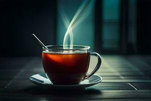 uma copo do chá com uma colher em uma de madeira mesa. gerado por IA foto