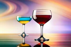 dois óculos do vinho em uma mesa com uma colorida fundo. gerado por IA foto