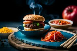 uma Hamburger com molho e legumes em uma azul placa. gerado por IA foto