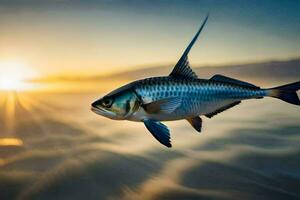 uma peixe vôo dentro a ar às pôr do sol. gerado por IA foto