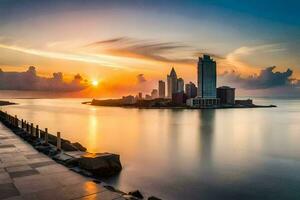 a Sol conjuntos sobre a cidade Horizonte dentro isto foto. gerado por IA foto