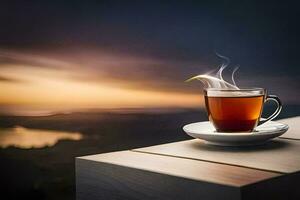 uma copo do chá em uma de madeira mesa com uma Visão do a pôr do sol. gerado por IA foto