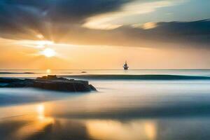 uma barco é Navegando dentro a oceano às pôr do sol. gerado por IA foto