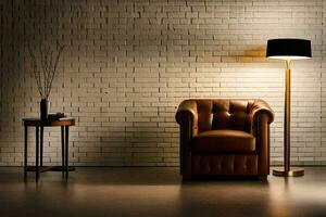 uma couro cadeira e luminária dentro frente do uma tijolo muro. gerado por IA foto