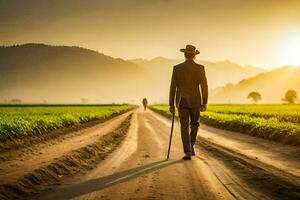 uma homem dentro uma chapéu e terno caminhando baixa uma sujeira estrada. gerado por IA foto