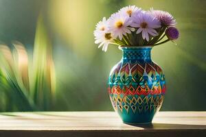 uma colorida vaso com flores em uma mesa. gerado por IA foto