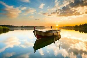 uma barco é flutuando em a calma água às pôr do sol. gerado por IA foto