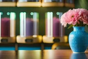 uma azul vaso com Rosa flores sentado em uma mesa. gerado por IA foto